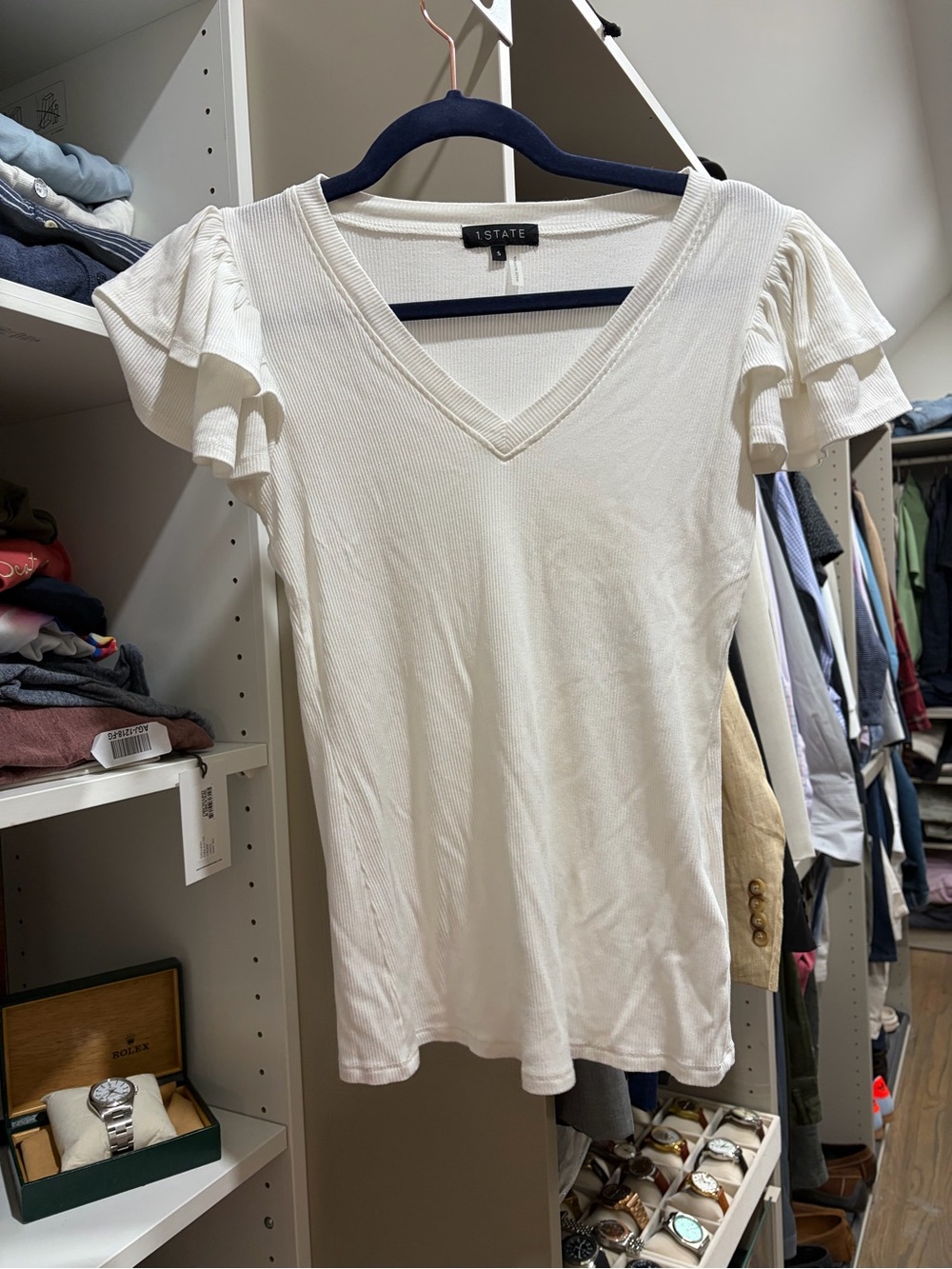 STATE Cream V-Neck Short Sleeve Ruffle Top